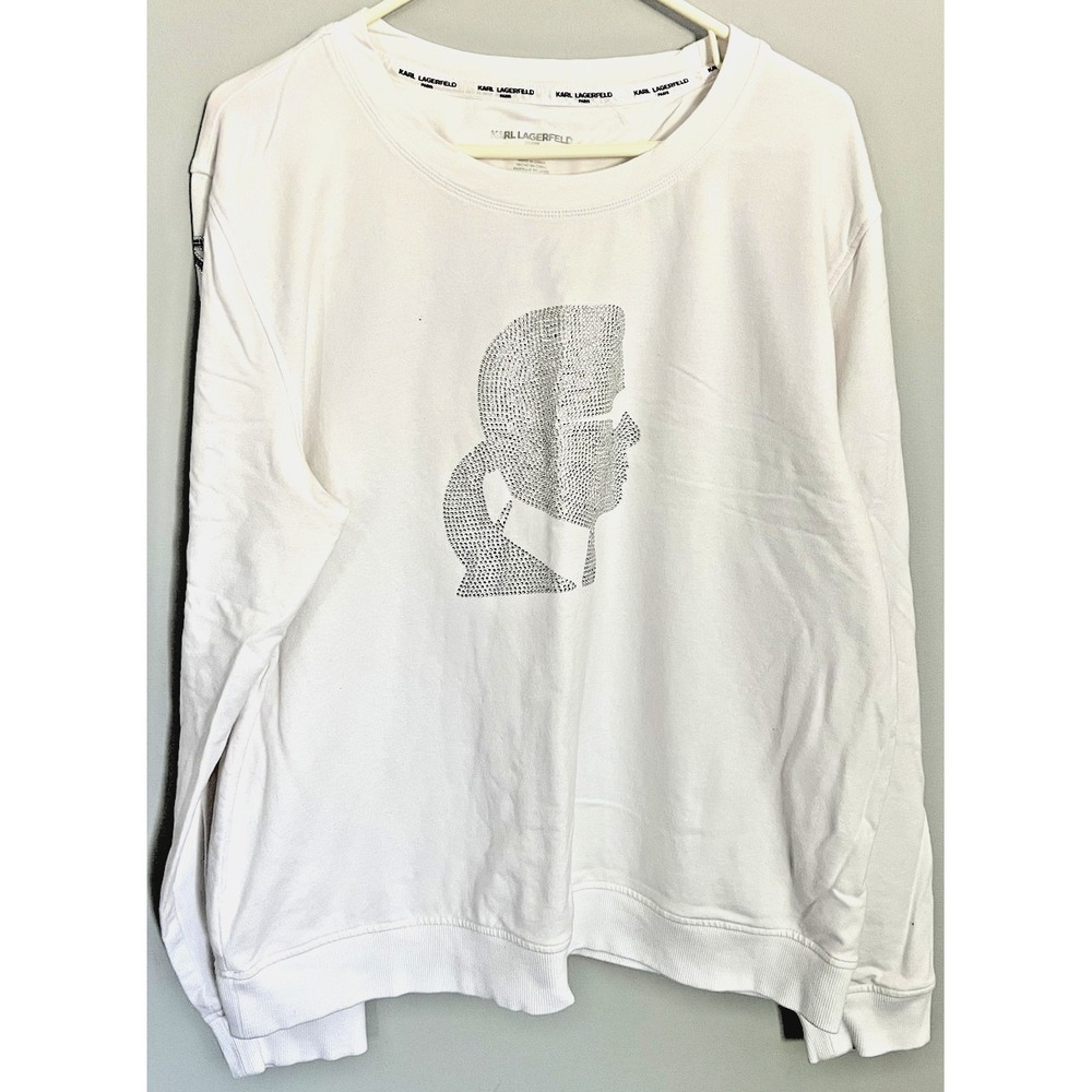 Karl Lagerfeld Paris Sweatshirt Womens XL White Rhinestone Crewneck Pullover EUC